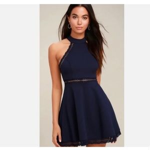 Lulus Reach Out My Hand Navy Blue Lace Women XS Mini Skater High Neck Dress